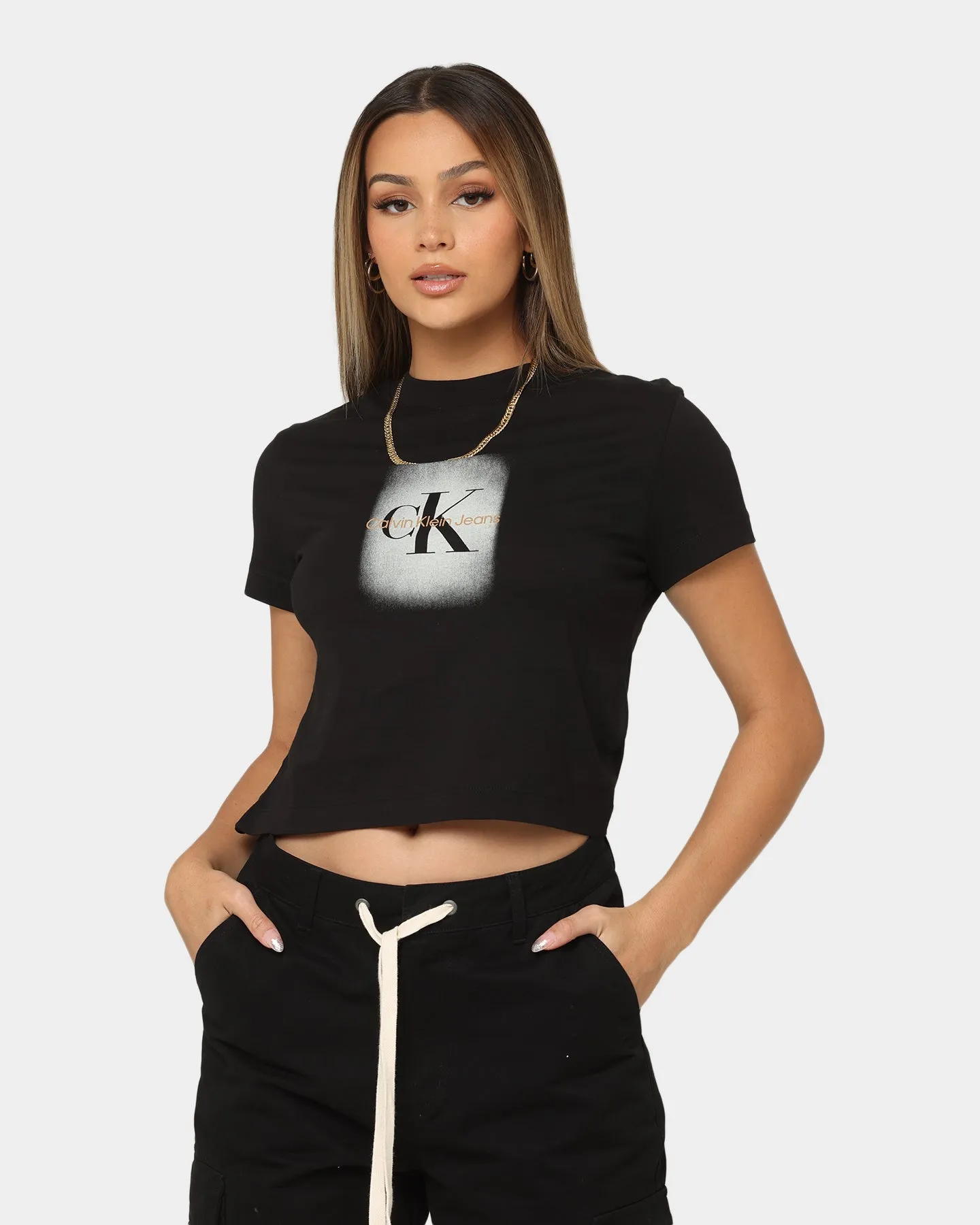 Calvin Klein Women's Spray Monologo Baby T-Shirt Ck Black