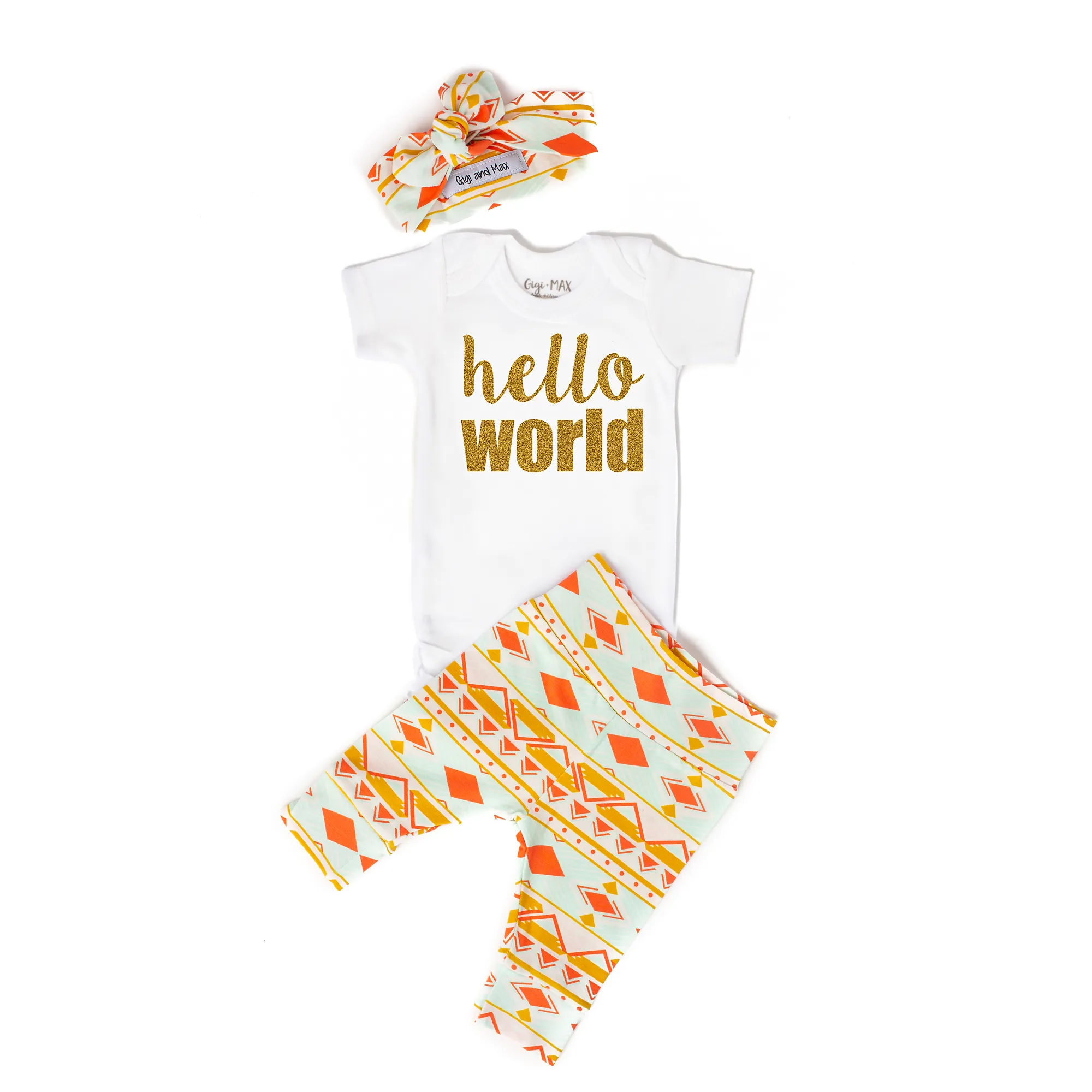 Peach and Mint Aztec Hello World Newborn Outfit